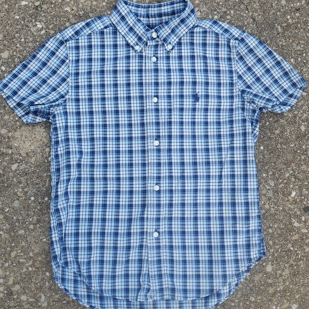 Ralph Lauren Button Front Plaid Boys Top Youth 7 Blues White